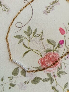 Gold tone Chain Necklace with faux White Pearl Beads - Women Jewelry